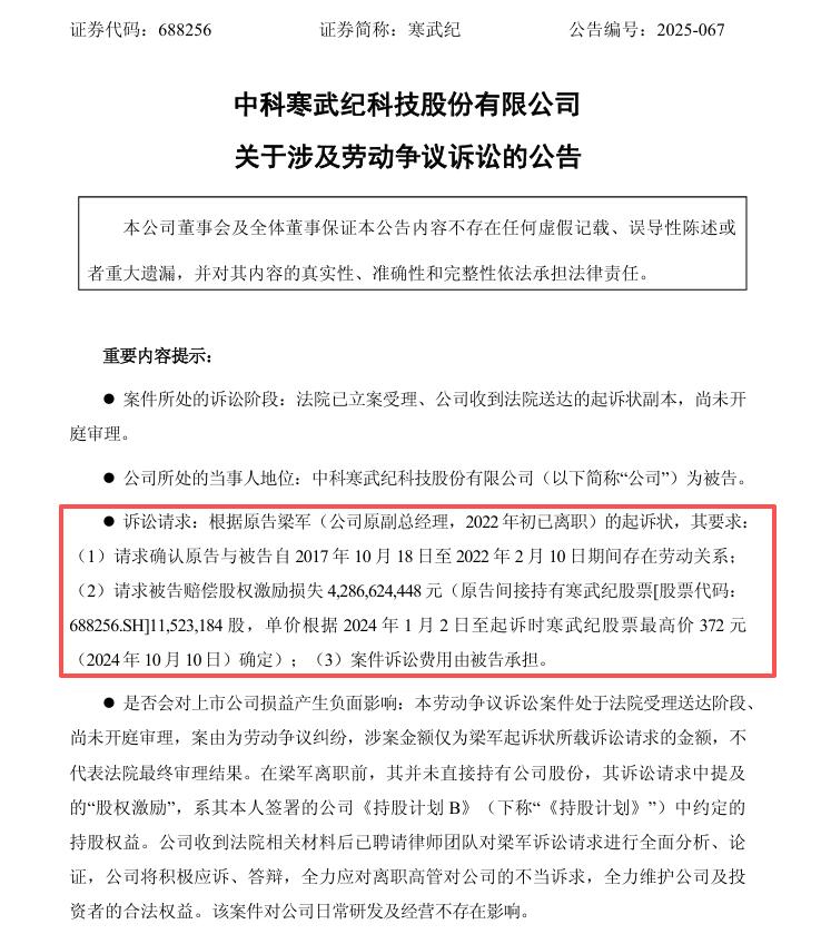 索赔近43亿，前CTO把寒武纪告了