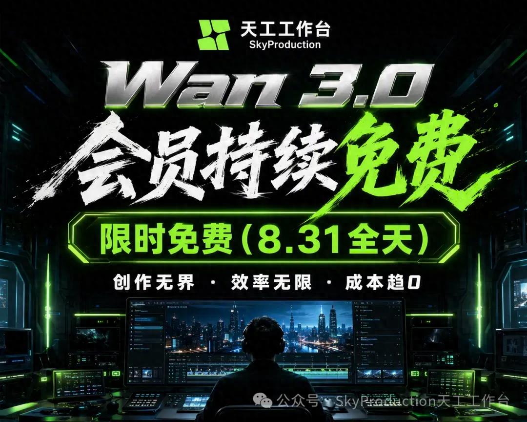 SkyProduction天工工作台× 通义万相:Wan 3.0免费再延1天!