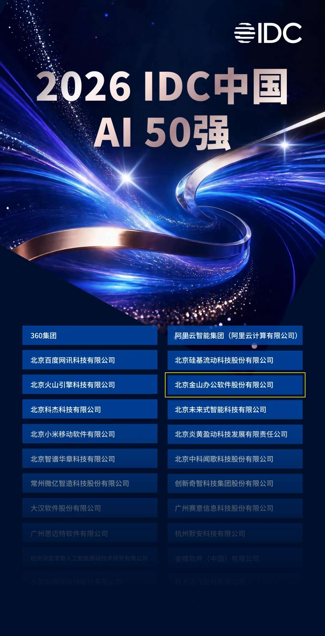 落地能力成新标尺,金山办公入选“2026 IDC中国AI 50强”