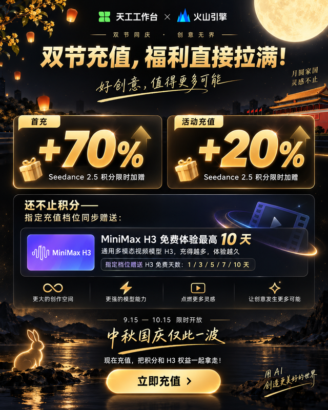 首购积分加赠70%:SkyProduction天工工作台联合火山引擎推出中秋国庆三重福利