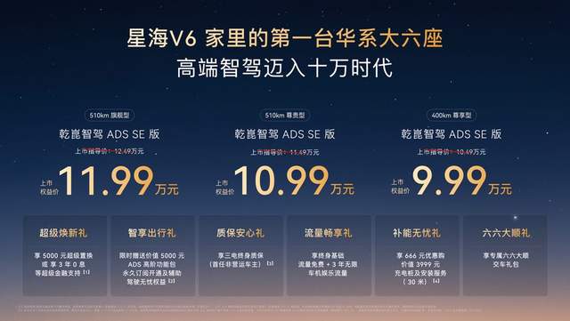 华系大六座星海V6正式上市9.99万元起!高端智驾迈入十万时代