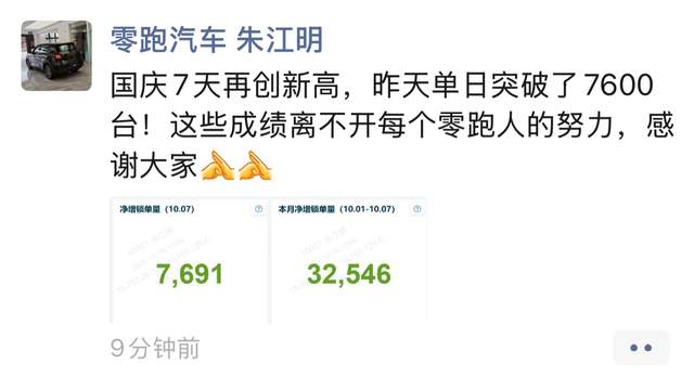 零跑汽车朱江明在社交平台发出最新销量战报